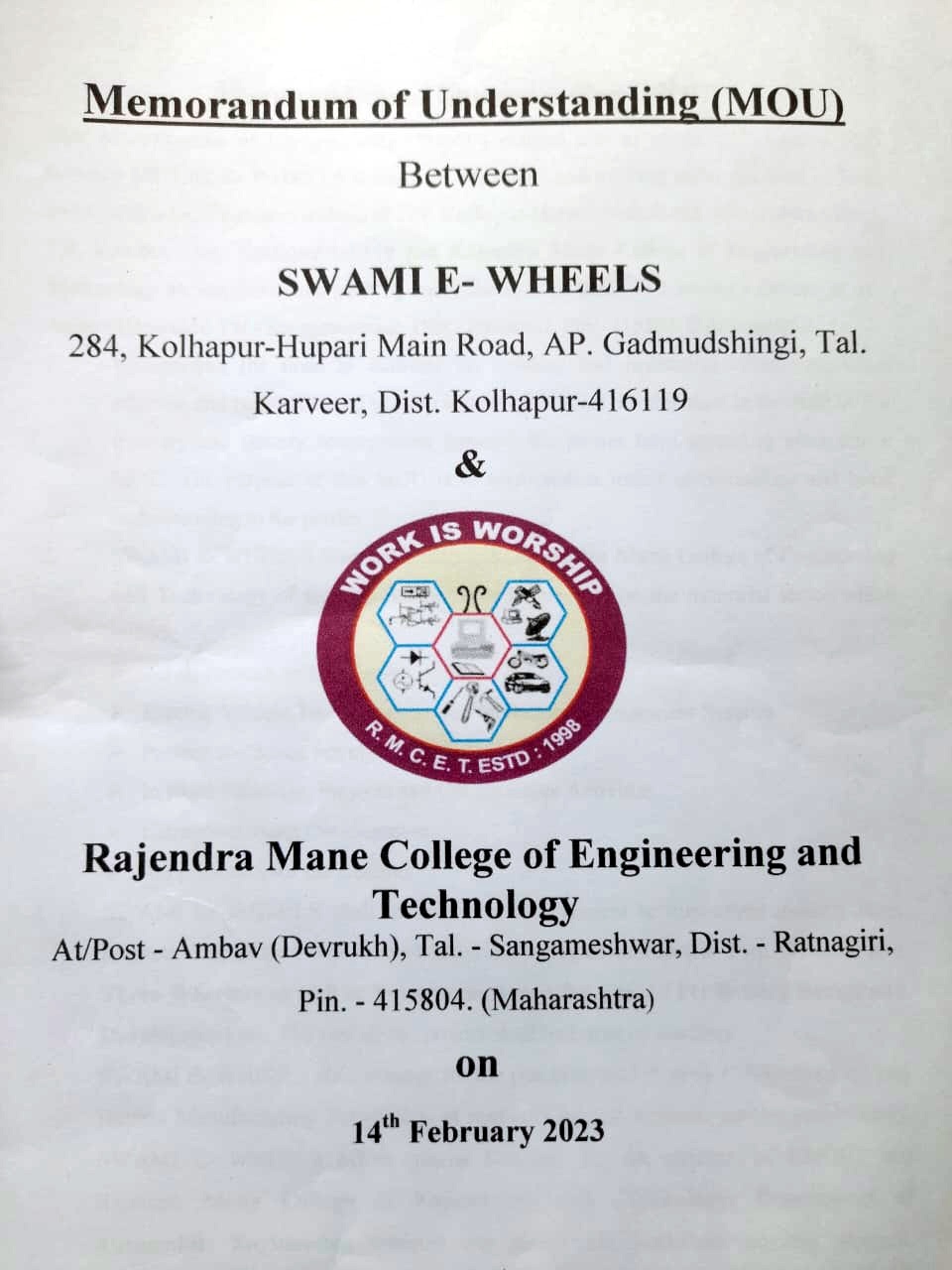 MOU-III, RMCET & SWAMI E- WHEELS
