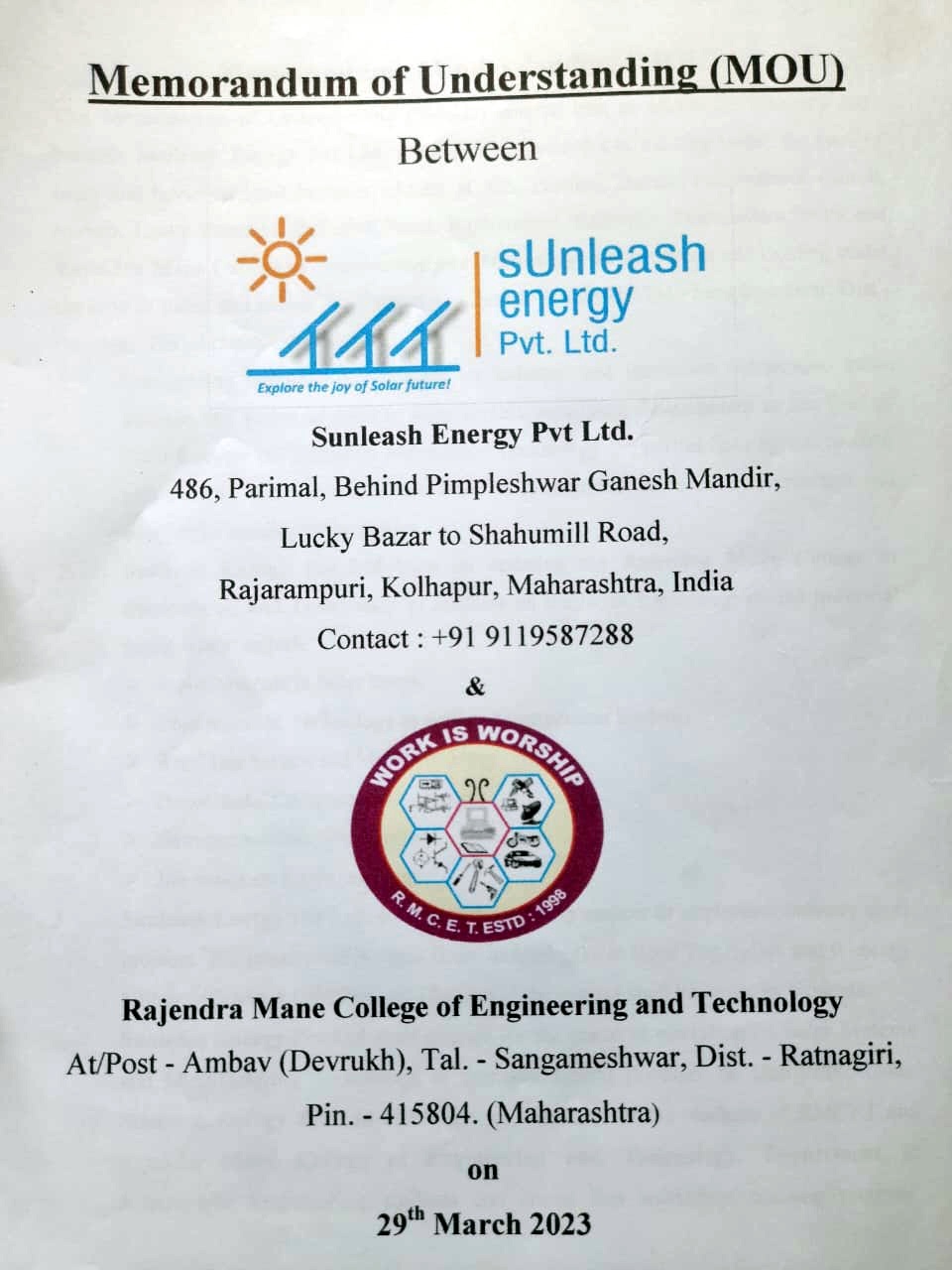 MOU-II, RMCET & SUNLEASH ENERGIES